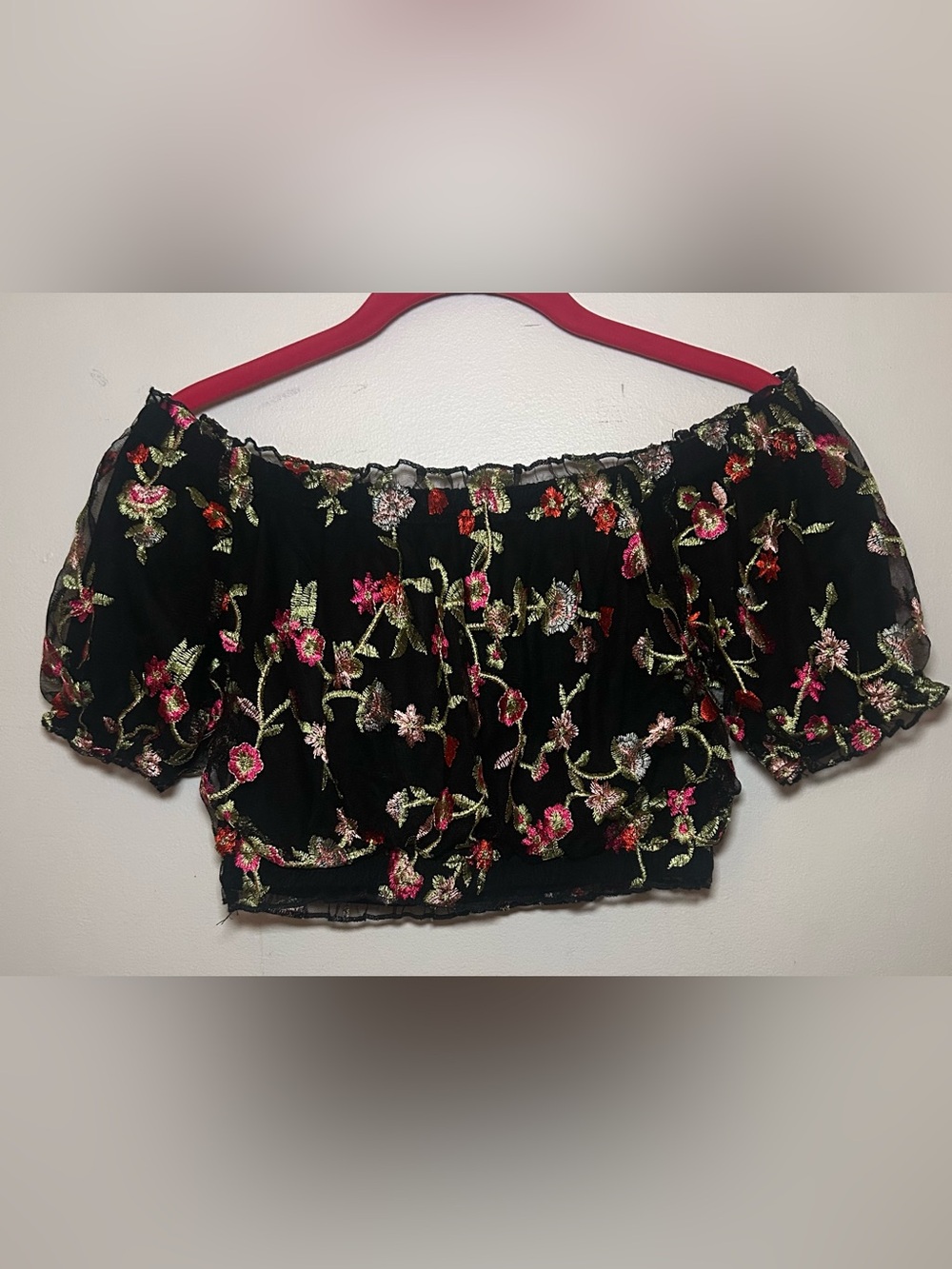 Ambiance Black Floral Embroidered Off Shoulder Crop Top Small Boho Festival